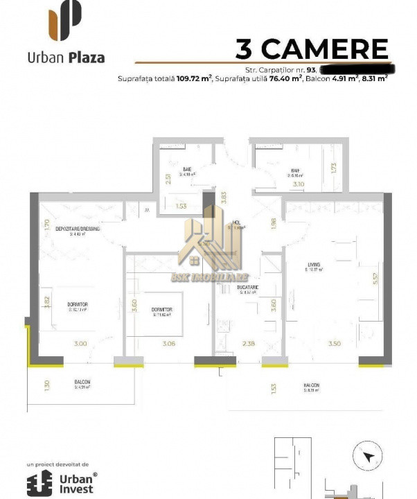 Apartament 3 camere 2 bai Urban Plaza
